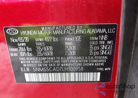 2020 Hyundai Santa Fe Limited z USA, uszkodzony, nr VIN 5NMS5CAD7LH300958